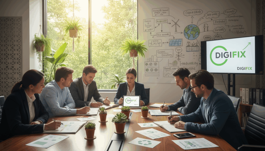 A Vibrant Community Sustainability Plan Scene Featuring A Group Of Diverse Professionals Gathered Around A Large Table In A Modern Office Environment. In The Foreground, They Are Engaging In A Brainstorming Session, Surrounded By Various Eco-Friendly Materials Such As Charts, Plants, And Recycling Symbols. The Middle Ground Showcases A Large Window With Green Plants And Sunlight Streaming In, Emphasizing A Connection To Nature. In The Background, A Whiteboard Filled With Colorful Sketches Of Sustainability Strategies And Digital Devices Displaying Graphs. The Atmosphere Is Collaborative And Innovative, With Natural Light Creating A Warm And Inviting Mood. The Professionals Are Dressed In Smart Business Attire, Reflecting A Forward-Thinking Approach. The Brand Name &Quot;Digifix&Quot; Is Subtly Integrated Into The Design Elements Around Them.