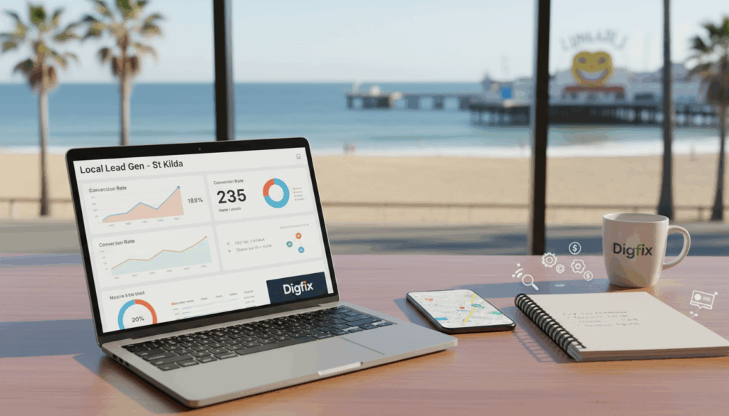 A Vibrant Digital Workspace Showcasing A Computer Screen Displaying A Ppc Landing Page Optimization Analysis For A Google Ads Campaign In St Kilda. In The Foreground, A Sleek Laptop With A Clean Layout Featuring Graphs, Charts, And Performance Metrics Related To Local Leads. In The Middle, A Stylish Desk Adorned With Digital Marketing Tools, Including A Smartphone Showing A St Kilda Map And A Notebook With Digital Strategies. The Background Features A Bright Window With A View Of St Kilda Beach, Capturing The Area'S Essence. The Lighting Is Warm And Inviting, Emphasizing A Productive Atmosphere. The Scene Reflects A Professional Environment Suitable For Digital Marketing, Incorporating The Brand Name &Quot;Digifix&Quot; Subtly In The Design Elements.