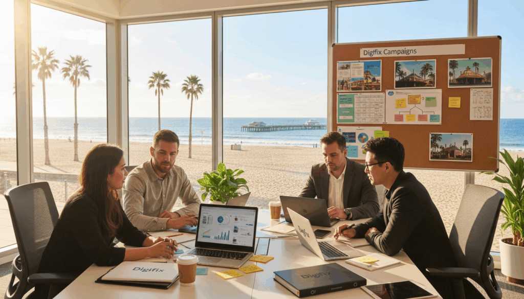 A Vibrant, Engaging Digital Marketing Workspace Set In St Kilda, Showcasing A Diverse Team Of Professionals In Smart Casual Attire, Collaborating On Content Marketing Strategies. In The Foreground, A Group Of Three Experts&mdash;Two Women And One Man&mdash;Discuss Ideas Over A Laptop, Surrounded By Notes And Marketing Materials. The Middle Ground Features A Large Pinboard Filled With Colorful Marketing Plans And St Kilda-Themed Visuals. In The Background, Large Windows Reveal A Picturesque View Of The St Kilda Beach And Iconic Palm Trees Under A Bright Blue Sky. The Atmosphere Is Dynamic And Focused, With Warm Natural Lighting Filtering In, Creating An Inspiring Environment For Creativity. Include The Brand Name &Quot;Digifix&Quot; Subtly Integrated Into The Workspace Elements.