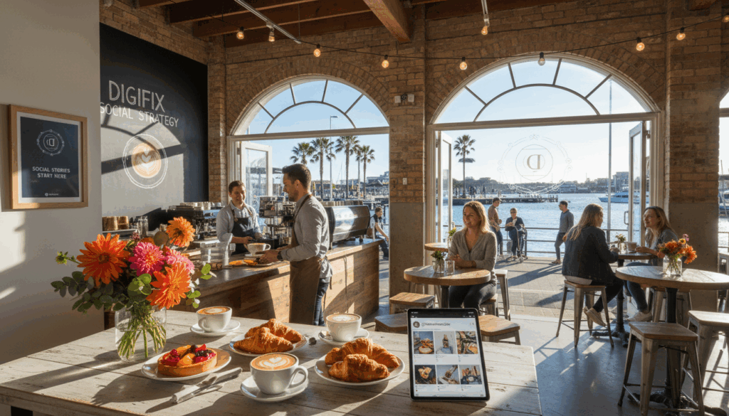 A Vibrant, Inviting Scene Depicting The Transformation Of The Waterfront Caf&eacute;'S Instagram Presence, Showcasing A Beautifully Styled Caf&eacute; Interior. In The Foreground, A Table Is Set With Artisan Coffee, Freshly Baked Pastries, And Colorful Flowers, Symbolizing A Cozy Atmosphere. The Middle Ground Features A Well-Dressed Barista Engaging With Customers, Providing A Sense Of Community. In The Background, Large Windows Reveal A Sunny Port Melbourne Waterfront, With People Enjoying Their Time Outside. Soft, Natural Light Floods The Interior, Creating A Warm, Welcoming Mood. Captured From A Slightly Elevated Angle, The Image Highlights A Blend Of Modern And Rustic Design Elements Within The Caf&eacute;, With Subtle Hints Of The Digifix Branding Integrated Into The D&eacute;cor To Emphasize The Caf&eacute;'S Social Media Journey. The Overall Feel Is Fresh, Engaging, And Professionally Curated, Ideal For Illustrating A Successful Social Media Transformation.