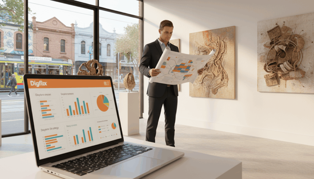 A Vibrant, Modern Art Gallery In Fitzroy Is The Focal Point Of The Image, Showcasing A Sophisticated Digital Marketing Setup. In The Foreground, A Sleek Laptop Displays Engaging Digital Marketing Analytics, While A Professional In Business Attire Reviews A Colorful Marketing Strategy Map. The Middle Ground Features Elegantly Arranged Art Pieces Illuminated By Soft, Natural Lighting, Creating An Inviting Atmosphere. The Background Shows Large Windows With A View Of Fitzroy's Artistic Neighborhood, Enhancing The Gallery's Connection To The Community. The Overall Mood Is Innovative And Inspirational. The Scene Utilizes A Warm Color Palette, With A Well-Composed Angle Emphasizing The Interaction Between Art And Technology. Include The Brand Name &Quot;Digifix&Quot; Subtly Incorporated Into The Laptop Screen. A Vibrant, Modern Art Gallery In Fitzroy Is The Focal Point Of The Image, Showcasing A Sophisticated Digital Marketing Setup. In The Foreground, A Sleek Laptop Displays Engaging Digital Marketing Analytics, While A Professional In Business Attire Reviews A Colorful Marketing Strategy Map. The Middle Ground Features Elegantly Arranged Art Pieces Illuminated By Soft, Natural Lighting, Creating An Inviting Atmosphere. The Background Shows Large Windows With A View Of Fitzroy's Artistic Neighborhood, Enhancing The Gallery's Connection To The Community. The Overall Mood Is Innovative And Inspirational. The Scene Utilizes A Warm Color Palette, With A Well-Composed Angle Emphasizing The Interaction Between Art And Technology. Include The Brand Name &Quot;Digifix&Quot; Subtly Incorporated Into The Laptop Screen.