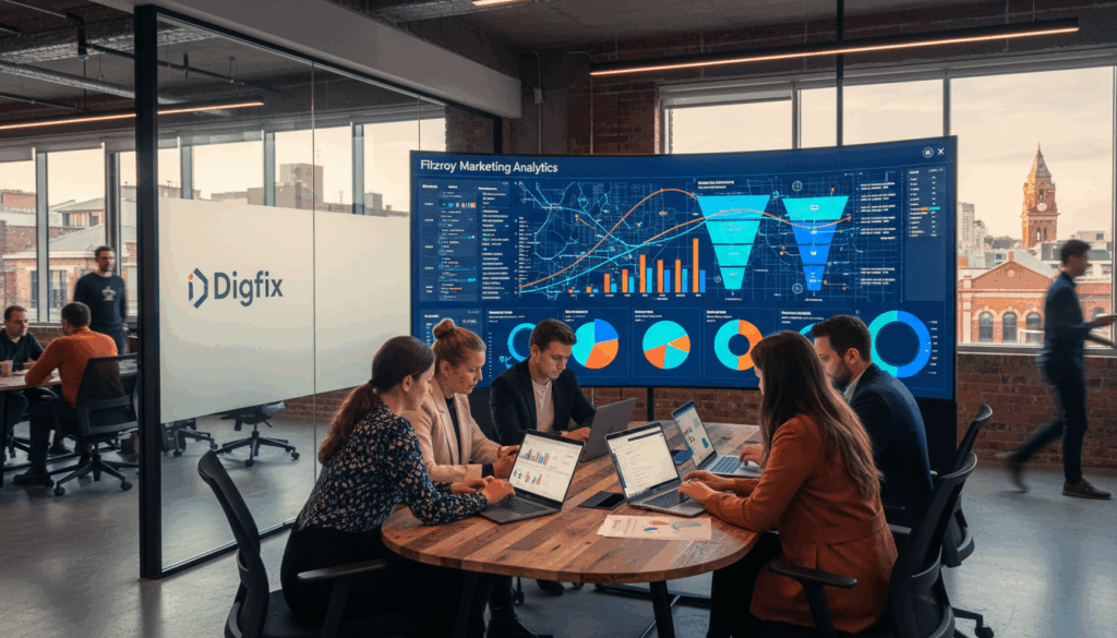 A Vibrant, Modern Workspace Representing Ppc Fitzroy, Filled With Creative Professionals Analyzing Google Ads Data. In The Foreground, A Diverse Group Of Individuals In Professional Attire Collaborates Around A Sleek Table, Reviewing Charts And Digital Interfaces On Laptops. The Middle Area Showcases A Large, Interactive Screen Displaying Compelling Visual Analytics Related To Fitzroy Marketing Strategies. The Background Features Large Windows With A View Of Fitzroy'S Iconic Buildings Bathed In Warm, Golden Light, Hinting At A Bustling City Outside. The Atmosphere Is Dynamic And Innovative, Emphasizing A Forward-Thinking Approach To Paid Marketing For Creative Enterprises. Incorporate The Digifix Logo Subtly In The Workspace Design. Use A Wide-Angle Lens Perspective To Capture The Vibrant Energy, Ensuring The Image Is Well-Lit And Inviting. A Vibrant, Modern Workspace Representing Ppc Fitzroy, Filled With Creative Professionals Analyzing Google Ads Data. In The Foreground, A Diverse Group Of Individuals In Professional Attire Collaborates Around A Sleek Table, Reviewing Charts And Digital Interfaces On Laptops. The Middle Area Showcases A Large, Interactive Screen Displaying Compelling Visual Analytics Related To Fitzroy Marketing Strategies. The Background Features Large Windows With A View Of Fitzroy'S Iconic Buildings Bathed In Warm, Golden Light, Hinting At A Bustling City Outside. The Atmosphere Is Dynamic And Innovative, Emphasizing A Forward-Thinking Approach To Paid Marketing For Creative Enterprises. Incorporate The Digifix Logo Subtly In The Workspace Design. Use A Wide-Angle Lens Perspective To Capture The Vibrant Energy, Ensuring The Image Is Well-Lit And Inviting.