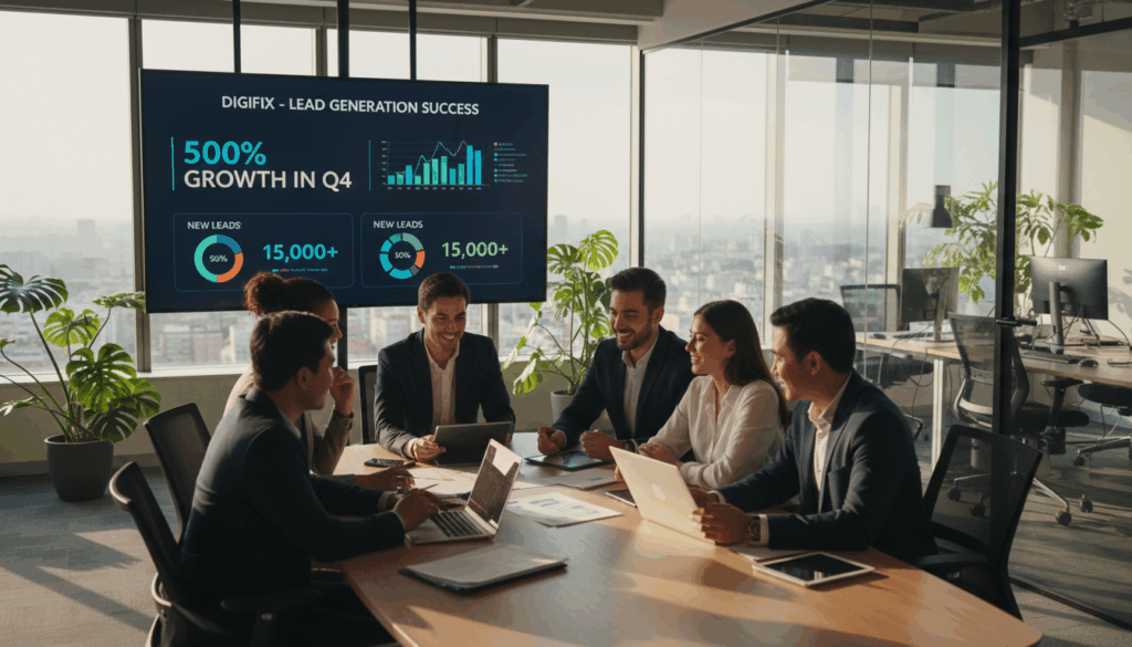 A Vibrant Office Scene Depicting A Successful B2B Lead Generation Environment For A Company Named &Quot;Digifix.&Quot; In The Foreground, A Diverse Group Of Professionals, Dressed In Smart Business Attire, Are Engaged In A Discussion Around A Sleek Conference Table Filled With Laptops And Documents. The Middle Ground Features A Large Screen Displaying Impressive Lead Generation Metrics And Graphs, Highlighting Growth And Success. The Background Shows A Modern Office With Glass Walls, Lush Green Plants, And Cityscape Views Through Large Windows, Bathing The Room In Warm Natural Light. The Atmosphere Is Energetic And Optimistic, Capturing The Essence Of Teamwork And Achievements In A Corporate Setting. The Angle Is Slightly Elevated, Providing A Comprehensive View Of The Collaboration And Enthusiasm In The Workspace.