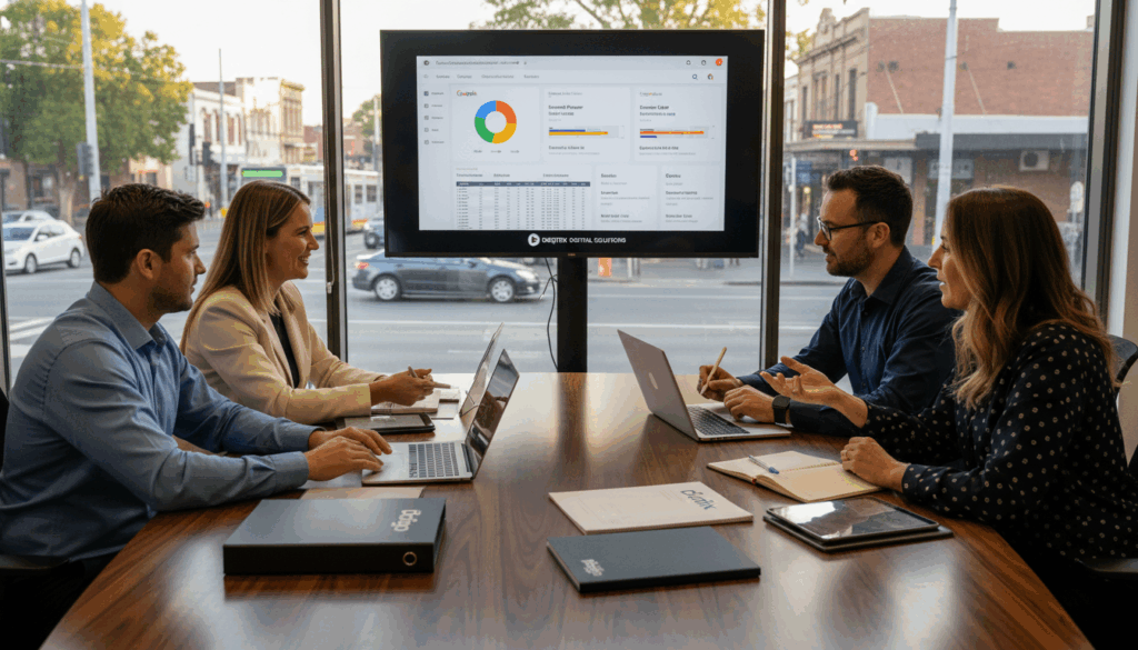 A Vibrant, Professional Scene Showcasing A Diverse Group Of Local Business Owners In An Office Environment, Engaged In A Collaborative Meeting About Essendon Google Ads Management Strategies. In The Foreground, A Group Of Four Adults&mdash;Two Men And Two Women&mdash;Dressed In Smart Business Attire Are Gathered Around A Sleek Conference Table Covered With Laptops And Digital Marketing Materials. In The Middle Ground, A Large Screen Displays An Engaging Analytics Dashboard With Graphs And Ads Tailored For Local Businesses. The Background Features A Large Window With A View Of Essendon&rsquo;s Bustling Streets, Bathed In Warm Natural Light, Conveying A Hopeful And Productive Atmosphere. The Image Should Capture A Sense Of Teamwork, Innovation, And Community, Emphasizing The Brand Name &Quot;Digifix&Quot; Subtly Integrated Into The Design, Without Any Text Overlays.