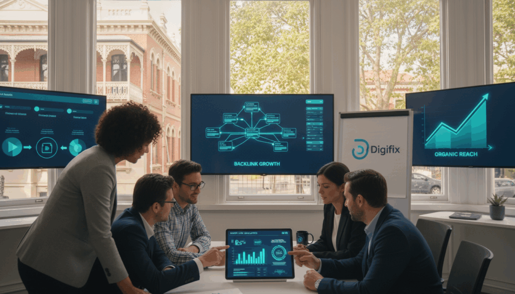 A Vibrant, Professional Scene Showcasing Effective Link Building Strategies Within The Fitzroy Business Ecosystem. In The Foreground, A Diverse Group Of Business Professionals In Smart Casual Attire, Engaged In Discussion Around A Digital Tablet Displaying Analytics And Link Strategies. In The Middle Ground, A Modern Office Environment Adorned With Digital Screens Visualizing Various Link Building Tactics, Such As Network Diagrams And Growth Charts. The Background Features Iconic Fitzroy Architecture And Green Spaces, Indicating A Thriving Community. Soft, Natural Lighting Filters Through Large Windows, Creating An Inviting Atmosphere. The Overall Mood Is Dynamic And Collaborative, Emphasizing Growth And Innovation In Digital Marketing. The Brand &Quot;Digifix&Quot; Is Subtly Represented Through Branded Materials In The Scene.