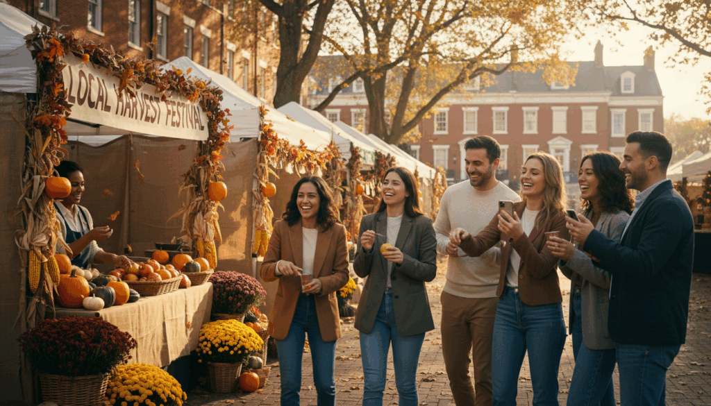 A Vibrant Scene Capturing The Essence Of Richmond'S Events, Showcasing A Lively Outdoor Market During A Sunny Autumn Afternoon. In The Foreground, A Diverse Group Of Friends In Casual But Professional Attire Are Engaging With Local Vendors, Sampling Artisanal Foods And Seasonal Produce. The Middle Ground Features Colorful Stalls Adorned With Fall Decorations, Pumpkins, And Seasonal Flowers, Creating A Warm And Inviting Atmosphere. In The Background, The Historic Buildings Of Richmond Provide A Charming Skyline, With Golden Leaves Falling From Trees Lining The Street. Soft, Natural Lighting Bathes The Scene, Enhancing The Sense Of Community And Opportunity. The Image Embodies The Spirit Of Local Engagement And Cultural Celebration. The Brand Name &Quot;Digifix&Quot; Is Subtly Integrated Into The Design, Reflecting The Focus On Social Media Marketing. A Vibrant Scene Capturing The Essence Of Richmond'S Events, Showcasing A Lively Outdoor Market During A Sunny Autumn Afternoon. In The Foreground, A Diverse Group Of Friends In Casual But Professional Attire Are Engaging With Local Vendors, Sampling Artisanal Foods And Seasonal Produce. The Middle Ground Features Colorful Stalls Adorned With Fall Decorations, Pumpkins, And Seasonal Flowers, Creating A Warm And Inviting Atmosphere. In The Background, The Historic Buildings Of Richmond Provide A Charming Skyline, With Golden Leaves Falling From Trees Lining The Street. Soft, Natural Lighting Bathes The Scene, Enhancing The Sense Of Community And Opportunity. The Image Embodies The Spirit Of Local Engagement And Cultural Celebration. The Brand Name &Quot;Digifix&Quot; Is Subtly Integrated Into The Design, Reflecting The Focus On Social Media Marketing.