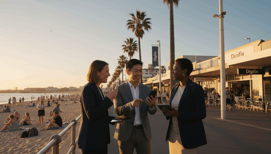 A Vibrant Scene Capturing The Essence Of St Kilda&rsquo;s Local Influencer Marketing. In The Foreground, A Diverse Group Of Three Influencers In Professional Business Attire, Engaged In A Lively Discussion, Showcasing Collaboration And Creativity. One Influencer Holds A Smartphone, Demonstrating Active Engagement With Followers. In The Middle Ground, A Picturesque St Kilda Beach Backdrop With Palm Trees, Beachgoers Enjoying The Sun, And Local Shops Visible, Symbolizing Community Connection. The Background Features A Clear Blue Sky During Golden Hour, Casting A Warm, Inviting Light On The Scene. The Overall Mood Is Energetic And Professional, Reflecting A Thriving Local Marketing Atmosphere. Include Subtle Branding Elements Related To &Quot;Digifix&Quot; Within The Environment Without Dominating The Composition.