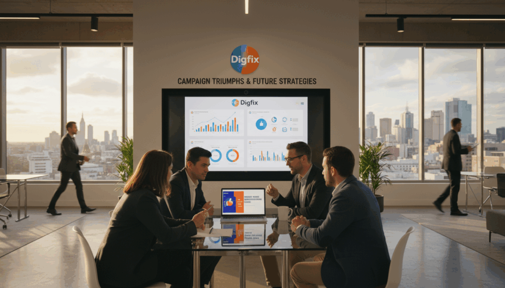 A Vibrant Scene Showcasing A Modern Office Environment In Melbourne, Portraying A Dynamic Digital Marketing Meeting. In The Foreground, A Diverse Group Of Professionals, Dressed In Smart Casual Business Attire, Are Eagerly Discussing A Marketing Case Study Displayed On A Sleek Laptop. The Middle Ground Features A Large Screen Highlighting Key Metrics And Successful Campaign Visuals With A Logo Of &ldquo;Digifix&rdquo; Prominently Displayed. The Background Reveals A Stylish Office Space With Large Windows Overlooking Melbourne&rsquo;s Skyline, Bathed In Warm Afternoon Light. The Atmosphere Is Energetic And Collaborative, Emphasizing Innovation And Success In Local Digital Marketing Campaigns. The Image Should Convey Professionalism, Teamwork, And A Focus On Achievement.