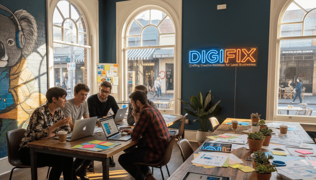 A Vibrant Scene Showcasing A Modern Web Development Workspace In Fitzroy, Melbourne, Emphasizing Creativity And Collaboration. In The Foreground, A Diverse Group Of Professionals In Smart Casual Attire, Including A Woman With Short Hair And A Man With Glasses, Are Intently Discussing Ideas Around A Sleek Laptop. The Middle Ground Features A Stylish Desk Cluttered With Colorful Design Mockups And Digital Tablets, Highlighting The Innovative Process. In The Background, Large Windows Reveal The Bustling Fitzroy Street Filled With Charming Cafes And Street Art, Bathed In Warm, Natural Sunlight That Creates A Welcoming Atmosphere. The Overall Mood Is Energetic And Inspiring, Perfectly Capturing &Quot;Digifix&Quot; As A Brand That Crafts Creative Websites For Local Businesses. High-Resolution, Wide-Angle Shot To Enhance Depth And Detail, With A Bright And Inviting Color Palette.