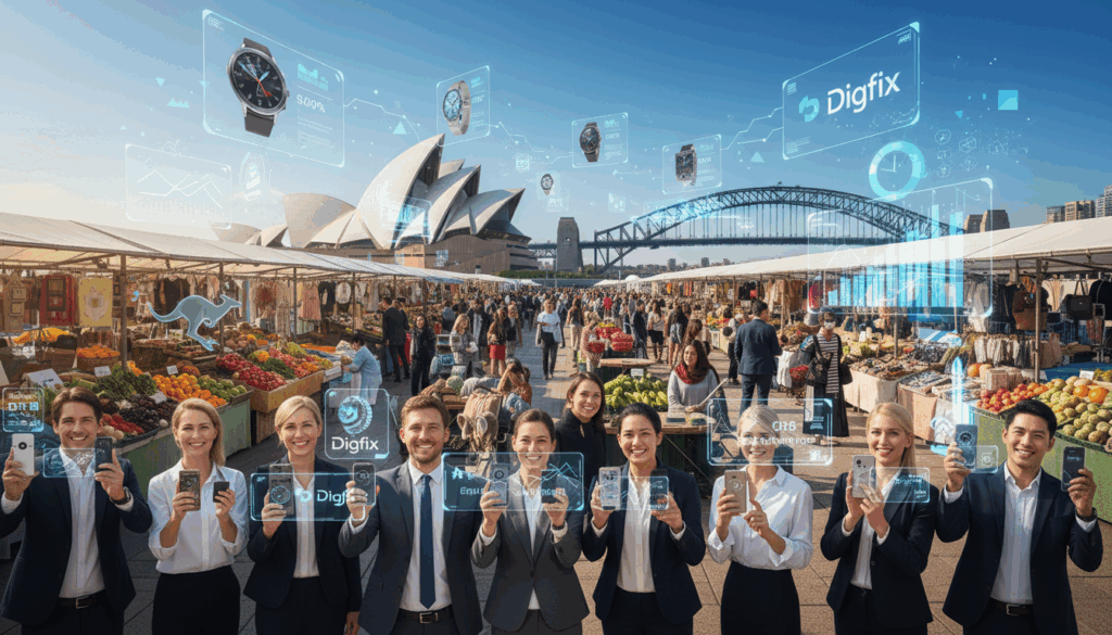 A Vibrant Scene Showcasing &Quot;Augmented Reality Marketing&Quot; In An Open-Air Australian Marketplace. In The Foreground, A Diverse Group Of Professionals In Smart Business Attire Interact With Their Smartphones, Experiencing Ar Overlays Displaying Product Information And Virtual Ads From The Brand &Quot;Digifix.&Quot; In The Middle Ground, Augmented Elements Such As Animated Product Displays And Informational Graphics Float Above Physical Items, Engaging The Audience With Interactive Features. The Background Features Iconic Australian Landmarks, Such As The Sydney Opera House, Subtly Blended With Digital Elements To Enhance The Ar Experience. Bright Natural Lighting Enhances The Atmosphere, Creating A Lively And Dynamic Feel. The Perspective Is Slightly Elevated, Providing A Wide-Angle View That Captures The Excitement Of Modern Marketing. The Overall Mood Is Innovative And Forward-Thinking, Reflecting The Integration Of Ai And Ar In Shaping Marketing Strategies.