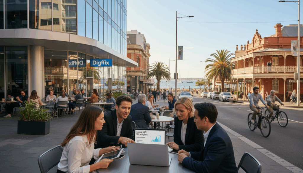 A Vibrant Street Scene In Port Melbourne, Showcasing A Modern Office With A Sign That Reads &Quot;Digifix&Quot; Prominently Displayed. In The Foreground, A Diverse Group Of Professionals In Business Attire Is Collaborating Over A Laptop, Analyzing Local Seo Strategies. The Middle Ground Features A Bustling Caf&eacute; With People Engaged In Conversation, And Cyclists Passing By, Capturing The Essence Of Community Engagement. The Background Displays Iconic Port Melbourne Architecture, With The Bay Visible Under A Clear Blue Sky. Bright, Natural Lighting Enhances The Image, Creating An Inviting Atmosphere. The Angle Is Slightly Elevated To Provide A Comprehensive View, Emphasizing The Harmony Between Local Businesses And The Online Visibility Theme In The Neighborhood.