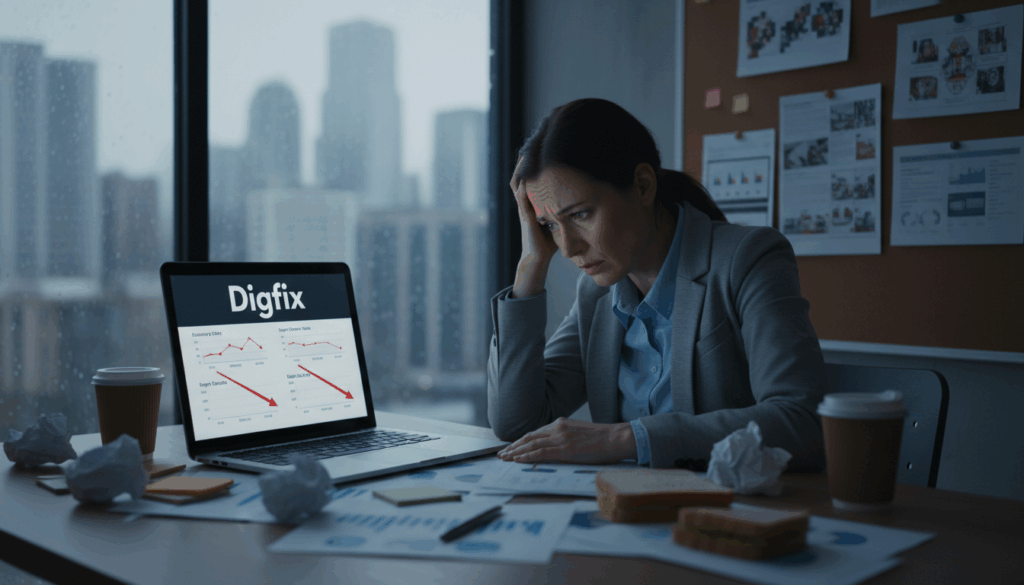 A Visual Representation Of Underperforming Display Ads, Featuring A Cluttered Desk With A Laptop Displaying Statistics On A Screen, Showing Declining Metrics Surrounded By Crumpled Paper And A Coffee Cup. In The Foreground, A Concerned Business Professional In Smart Casual Attire Analyzes The Screen, Looking Frustrated. The Middle Ground Includes A Wall Adorned With Ineffective Ad Designs, While The Background Shows A Large Window With A Gloomy Cityscape Outside, Hinting At Missed Opportunities. The Lighting Is Dim Yet Focused On The Screen, Creating A Serious Atmosphere. Capture The Essence Of Struggle And The Need For Improvement, While Prominently Displaying The Brand Name &Quot;Digifix&Quot; On The Laptop Screen. A Visual Representation Of Underperforming Display Ads, Featuring A Cluttered Desk With A Laptop Displaying Statistics On A Screen, Showing Declining Metrics Surrounded By Crumpled Paper And A Coffee Cup. In The Foreground, A Concerned Business Professional In Smart Casual Attire Analyzes The Screen, Looking Frustrated. The Middle Ground Includes A Wall Adorned With Ineffective Ad Designs, While The Background Shows A Large Window With A Gloomy Cityscape Outside, Hinting At Missed Opportunities. The Lighting Is Dim Yet Focused On The Screen, Creating A Serious Atmosphere. Capture The Essence Of Struggle And The Need For Improvement, While Prominently Displaying The Brand Name &Quot;Digifix&Quot; On The Laptop Screen.