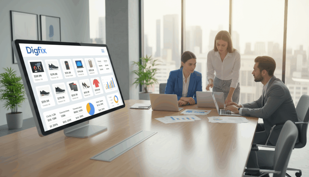 A Visually Engaging And Informative Illustration Of A Product Listing Ads Strategy. In The Foreground, A Large Digital Screen Showcases A Well-Organized Google Shopping Ads Dashboard With Product Images, Prices, And Performance Metrics Clearly Displayed, Branded With &Quot;Digifix.&Quot; In The Middle Ground, A Diverse Team Of Three Professionals In Smart Business Attire Collaborates Around A Conference Table, Analyzing Data On Laptops And Printouts. The Background Features A Modern Office Environment With Large Windows Letting In Soft, Natural Light, Creating A Warm And Focused Atmosphere. The Scene Conveys A Sense Of Strategy And Teamwork, Highlighting The Importance Of Product Listing Ads In Maximizing E-Commerce Sales. Use A Wide-Angle Lens Effect To Capture The Collaborative Energy Of The Space. A Visually Engaging And Informative Illustration Of A Product Listing Ads Strategy. In The Foreground, A Large Digital Screen Showcases A Well-Organized Google Shopping Ads Dashboard With Product Images, Prices, And Performance Metrics Clearly Displayed, Branded With &Quot;Digifix.&Quot; In The Middle Ground, A Diverse Team Of Three Professionals In Smart Business Attire Collaborates Around A Conference Table, Analyzing Data On Laptops And Printouts. The Background Features A Modern Office Environment With Large Windows Letting In Soft, Natural Light, Creating A Warm And Focused Atmosphere. The Scene Conveys A Sense Of Strategy And Teamwork, Highlighting The Importance Of Product Listing Ads In Maximizing E-Commerce Sales. Use A Wide-Angle Lens Effect To Capture The Collaborative Energy Of The Space.