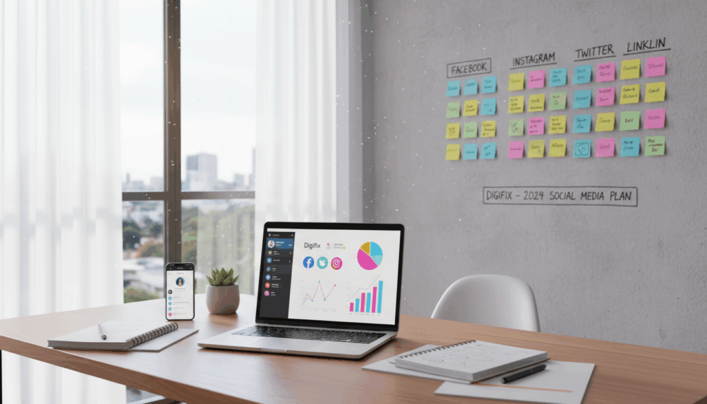 A Visually Engaging And Modern Workspace Representing A &Quot;Social Media Plan&Quot; For The Business Brand &Quot;Digifix&Quot;. In The Foreground, A Polished Wooden Desk With A Laptop Open, Displaying A Vibrant Digital Dashboard Filled With Colorful Graphs And Social Media Logos. Scattered Around Are Notepads With Handwritten Notes And A Smartphone Showing Social Media Notifications. In The Middle Ground, An Artistic Wall With Post-It Notes Organized By Platforms Like Facebook, Instagram, And Twitter, Illustrating A Strategic Implementation Of Tactics. The Background Features A Window With Natural Light Pouring In, Creating A Bright, Focused Atmosphere. The Overall Mood Is Professional Yet Creative, Captured From A Slight Angle To Emphasize Depth, Using Soft Lighting To Enhance Visibility And Warmth, Ensuring A Clean And Organized Look.