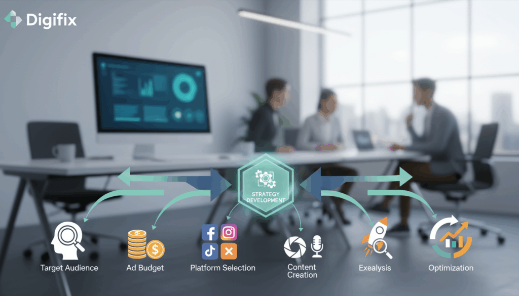A Visually Engaging Business Diagram Depicting The Structure Of A Paid Social Media Campaign, Specifically Designed For Digifix. In The Foreground, Include Illustrative Icons Representing Key Elements Such As Target Audience, Ad Budget, Platform Selection, And Content Creation. In The Middle, A Flowchart Connects These Elements With Arrows Indicating The Steps: Strategy Development, Execution, And Analysis. The Background Should Be Softly Blurred, Providing A Professional Office Atmosphere With Subtle Colors That Convey A Sense Of Innovation And Engagement. Soft Ambient Lighting Enhances The Mood, Suggesting A Collaborative Workspace. The Overall Feel Should Be Modern And Organized, Appealing To Marketers Looking To Effectively Engage Diverse Audiences. Ensure No Text Or Logos Appear In The Image.