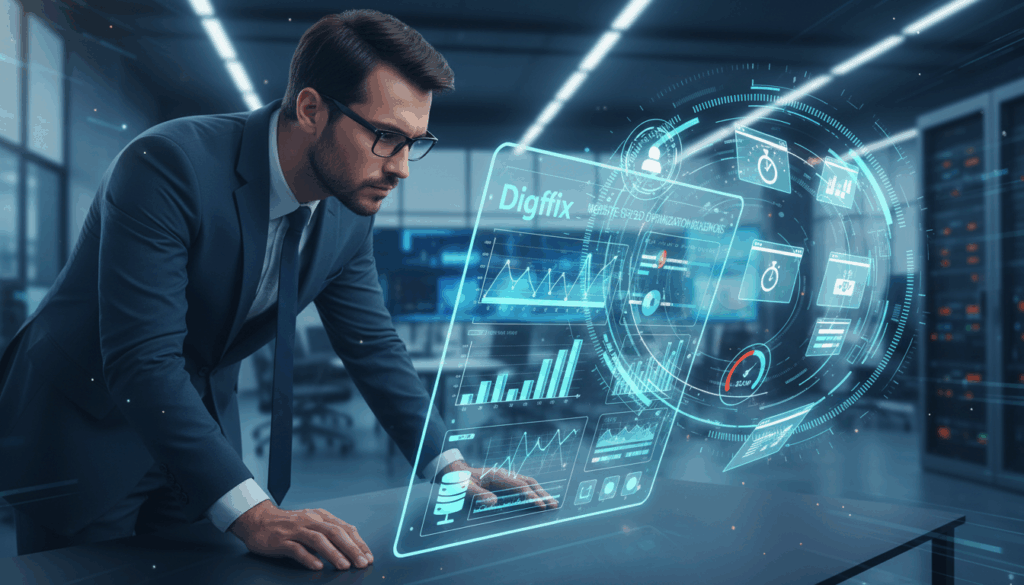 A Visually Engaging Conceptual Illustration Representing &Quot;Website Speed Optimization Diagnosis&Quot; For A Technical Seo Context. Foreground: A Professional-Looking Expert In Business Attire, Analyzing Performance Metrics On A Large Digital Dashboard Filled With Graphs And Analytics. Middle: An Array Of Website Icons And Speed Gauges That Illustrate Various Optimization Elements, Such As Loading Times And Server Responses. Background: A Soft Blur Of A Modern Office Environment With Bright, Focused Lighting, Emphasizing A High-Tech, Efficient Atmosphere. The Scene Conveys A Sense Of Urgency And Precision, Accentuated By Cool Color Tones To Suggest Technology And Innovation. Include The Brand Name &Quot;Digifix&Quot; Subtly Integrated Into The Dashboard Or Analytical Tools, Without Text Overlays. The Overall Mood Is Dynamic And Focused On Improvement And Analysis. A Visually Engaging Conceptual Illustration Representing &Quot;Website Speed Optimization Diagnosis&Quot; For A Technical Seo Context. Foreground: A Professional-Looking Expert In Business Attire, Analyzing Performance Metrics On A Large Digital Dashboard Filled With Graphs And Analytics. Middle: An Array Of Website Icons And Speed Gauges That Illustrate Various Optimization Elements, Such As Loading Times And Server Responses. Background: A Soft Blur Of A Modern Office Environment With Bright, Focused Lighting, Emphasizing A High-Tech, Efficient Atmosphere. The Scene Conveys A Sense Of Urgency And Precision, Accentuated By Cool Color Tones To Suggest Technology And Innovation. Include The Brand Name &Quot;Digifix&Quot; Subtly Integrated Into The Dashboard Or Analytical Tools, Without Text Overlays. The Overall Mood Is Dynamic And Focused On Improvement And Analysis.