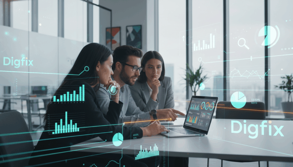 A Visually Engaging Data-Driven Decision-Making Framework, Designed For A Digital Marketing Context. Foreground Features A Transparent Overlay Of Charts, Graphs, And Data Analytics Symbols, Symbolizing Metrics And Performance Indicators. The Middle Layer Showcases A Group Of Three Diverse Professionals Dressed In Smart Business Attire, Collaborating Over A Laptop, Deep In Discussion, With A Screen Displaying Data Visualizations. The Background Depicts A Sleek, Modern Office Environment With Glass Walls, Bright Natural Lighting Streaming In, Conveying A Sense Of Productivity And Innovation. The Atmosphere Is Dynamic And Focused, Reflecting The Core Idea Of Informed Decisions Driving Measurable Roi In Marketing Strategies. Include The Brand Name &Quot;Digifix&Quot; Subtly Integrated Into The Design, Ensuring A Professional Look.