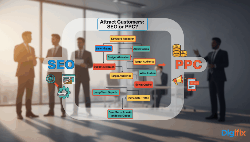 A Visually Engaging Decision Framework Illustration Depicting Two Distinct Pathways: One Side Representing Seo And The Other Ppc. In The Foreground, Detailed Icons Symbolizing Seo Strategies, Like A Magnifying Glass And A Website Graph, Contrasted With Ppc Elements Such As Dollar Signs And Ads. In The Middle, A Sophisticated Flowchart Outline Showing The Steps To Decide Between These Two Strategies, Infused With Vibrant Colors That Symbolize Energy And Clarity. The Background Features A Soft-Focus Office Environment With Blurred Silhouettes Of Professionals In Business Attire, Emphasizing A Serious Yet Optimistic Mood. Natural Lighting Filters Through A Large Window To Create A Warm Atmosphere, Suggesting A Thoughtful Decision-Making Process. The Brand Name &Quot;Digifix&Quot; Subtly Integrated Into The Design.