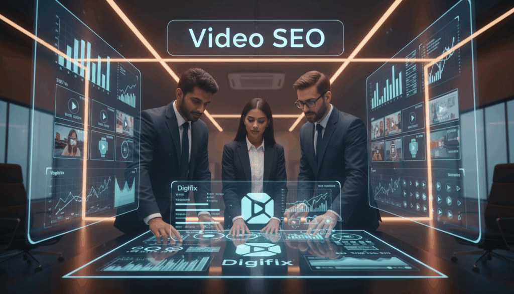A Visually Engaging Digital Composition Illustrating &Quot;Video Seo&Quot; For Business Growth, Featuring A Sleek, High-Tech Office Setting In The Background With Large Screens Displaying Analytics Graphs And Video Thumbnails. In The Foreground, A Diverse Group Of Three Professionals In Business Attire&mdash;Two Men And One Woman&mdash;Collaborate Around A Futuristic Touchscreen Table, Analyzing Video Metrics And Discussing Strategies. A Soft Glow Of Ambient Lighting Enhances The Modern Atmosphere, With A Warm Color Palette Creating An Inviting Yet Professional Mood. The Lens Angle Showcases A Dynamic Perspective, Emphasizing Teamwork And Innovation. The Brand Name &Quot;Digifix&Quot; Subtly Incorporated Through The Design Of The Touchscreen Interface As Part Of An Illustrated Logo, Ensuring A Cohesive Look.