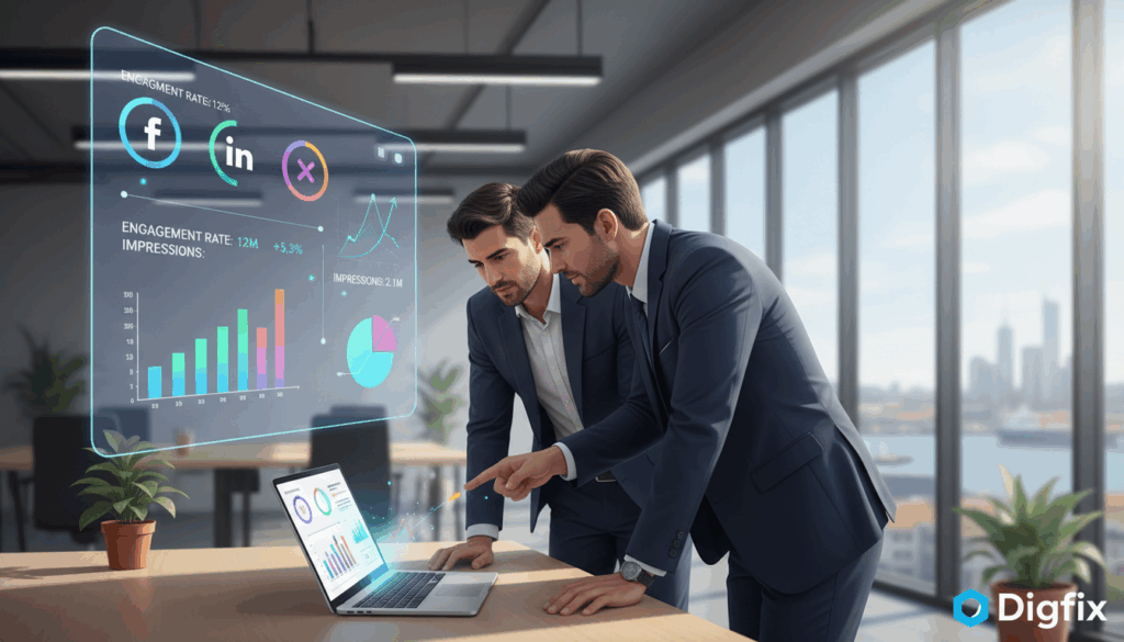 A Visually Engaging Illustration Depicting &Quot;Social Media Analytics&Quot; In A Professional Context, Representing The Brand &Quot;Digifix.&Quot; In The Foreground, A Diverse Group Of Three Business Professionals, Dressed In Smart Casual Attire, Is Gathered Around A Sleek Laptop, Analyzing Vibrant Graphs And Data Visualizations Displayed On The Screen. In The Middle Ground, A Large Digital Screen Shows Various Social Media Metrics Like Engagement Rates And Follower Growth, Interspersed With Colorful Icons Of Popular Platforms. The Background Features A Modern Office Environment With Minimalistic Design Elements, Large Windows Letting In Soft Natural Light, And Hints Of Port Melbourne&rsquo;s Skyline Visible. The Overall Ambiance Is Focused And Collaborative, With A Sense Of Innovation And Strategic Planning Prevalent Throughout The Scene.