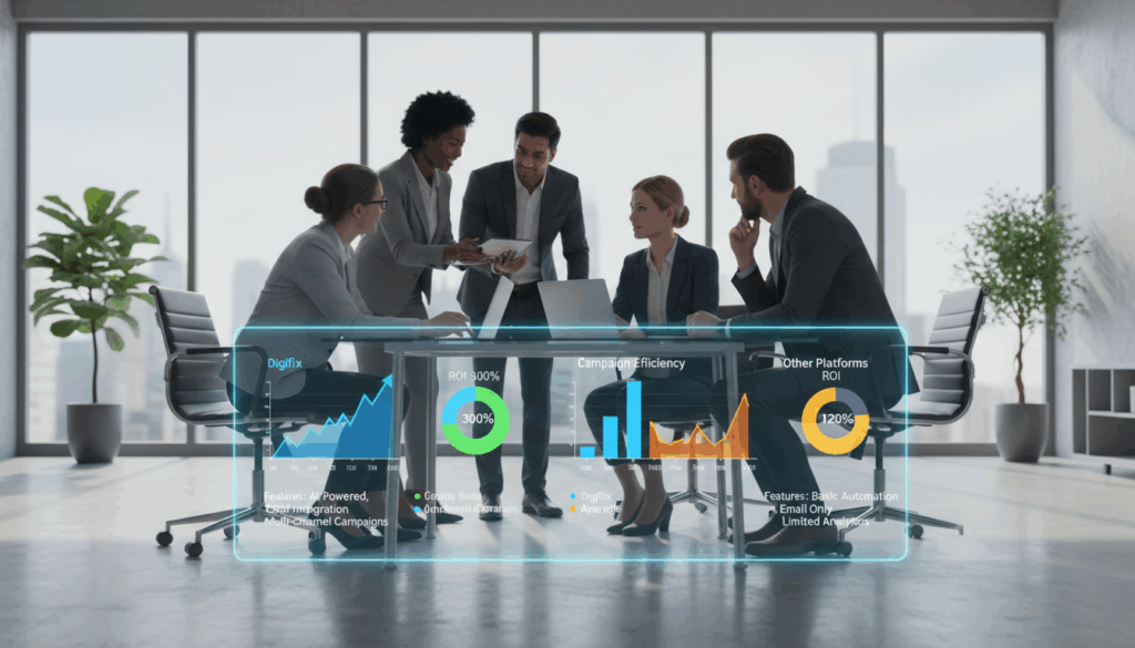 A Visually Engaging Illustration Of A Marketing Automation Platform Comparison. In The Foreground, A Sleek Digital Dashboard Displays Various Metrics And Charts, Highlighting Performance Data From &Quot;Digifix&Quot; And Other Platforms. In The Middle Ground, A Diverse Group Of Professionals In Business Attire Are Gathered Around A Conference Table, Analyzing The Dashboard With Expressions Of Focus And Collaboration. The Background Features A Modern Office Environment, With Large Windows Allowing Natural Light To Flood The Room, Creating A Bright And Inviting Atmosphere. The Scene Captures A Sense Of Productivity And Teamwork, Emphasizing The Importance Of Choosing The Right Marketing Automation Platform For Campaign Efficiency.