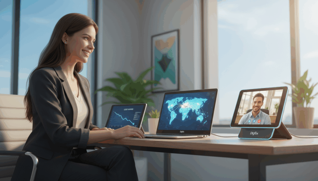 A Visually Engaging Office Environment Showcasing The Concept Of &Quot;Voip International Call Savings.&Quot; In The Foreground, A Professional Businesswoman In Smart Casual Attire Uses A Modern Voip Phone, Smiling As She Engages In A Video Call With A Colleague. The Middle Ground Features A Sleek Desk With A Laptop Displaying A World Map And Connections Between Various Countries Illuminated. In The Background, Large Windows Show A Clear Blue Sky, Symbolizing Global Reach. Soft, Natural Light Filters Through The Windows, Creating An Inviting Atmosphere. The Brand Name &Quot;Digifix&Quot; Is Subtly Integrated Into The Design Of The Voip Phone And Laptop. The Mood Is Optimistic And Focused, Illustrating The Ease And Cost-Effectiveness Of International Communication Through Voip Technology.
