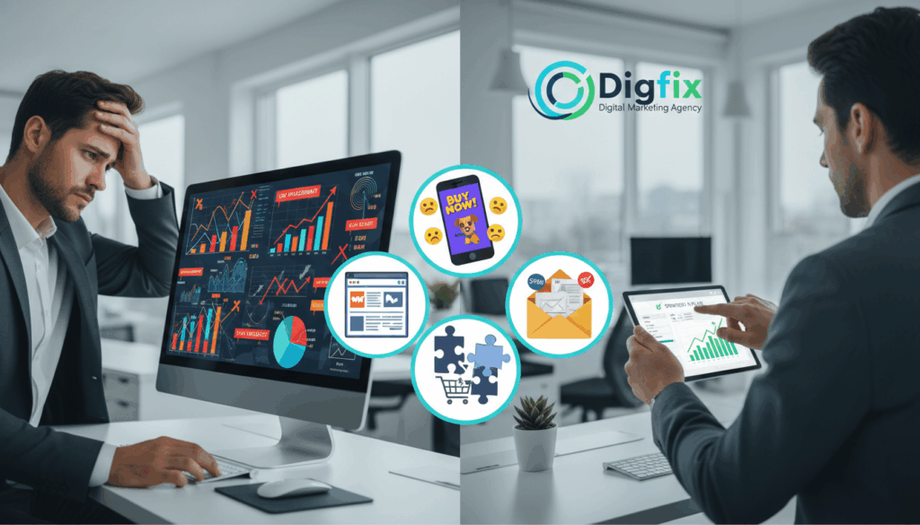 A Visually Engaging Representation Of Common Digital Marketing Mistakes, Featuring A Split-Screen Design. In The Foreground, Showcase A Frustrated Businessperson In Professional Attire, Looking At A Cluttered Computer Screen Filled With Analytics And Marketing Graphs Gone Wrong, Symbolizing Confusion. In The Middle, Depict Common Pitfalls Such As Ineffective Social Media Ads, Poorly Designed Websites, And Mismanaged Email Campaigns Represented As Icons Or Illustrations. The Background Should Have A Blurred Office Setting, With Soft, Natural Lighting To Create An Inviting Yet Serious Atmosphere. Use A Wide-Angle Lens Perspective To Emphasize The Chaotic Environment, Subtly Branding The Scene With The Logo Of A Digital Marketing Agency Named &Quot;Digifix&Quot;. Aim For A Mood Of Realization And Clarity, Encouraging Viewers To Learn From These Mistakes.