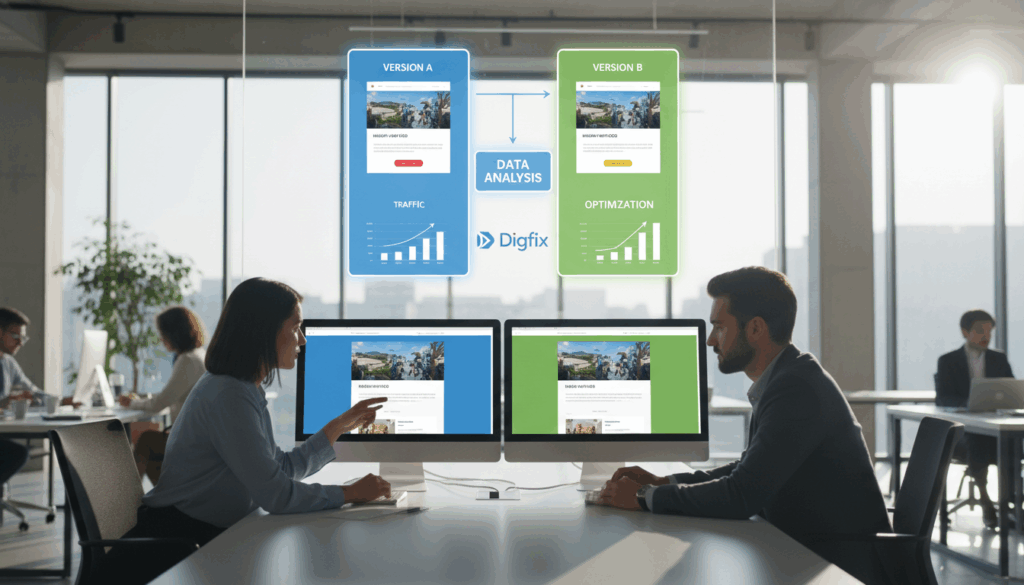 A Visually Engaging Scene Depicting A/B Testing Methodology For Optimizing Landing Pages. In The Foreground, A Professional Male And Female Team Is Examining Two Computer Screens Showing Different Versions Of A Website, Their Expressions Focused And Analytical. In The Middle Ground, A Large Diagram Illustrating The A/B Testing Process With Clear Distinctions Between 'Version A' And 'Version B', Incorporating Elements Like Graphs And Conversion Rates. The Background Features A Modern, Well-Lit Office Environment With Large Windows Allowing Natural Light To Flow In, Creating A Bright, Optimistic Atmosphere. Use A Shallow Depth Of Field To Emphasize The Subjects And Foreground Elements, While Maintaining A Soft Blur On The Background. The Overall Mood Should Reflect Professionalism, Teamwork, And Innovation. Include A Subtle Branding Element For &Quot;Digifix&Quot; Integrated Into The Diagram. A Visually Engaging Scene Depicting A/B Testing Methodology For Optimizing Landing Pages. In The Foreground, A Professional Male And Female Team Is Examining Two Computer Screens Showing Different Versions Of A Website, Their Expressions Focused And Analytical. In The Middle Ground, A Large Diagram Illustrating The A/B Testing Process With Clear Distinctions Between 'Version A' And 'Version B', Incorporating Elements Like Graphs And Conversion Rates. The Background Features A Modern, Well-Lit Office Environment With Large Windows Allowing Natural Light To Flow In, Creating A Bright, Optimistic Atmosphere. Use A Shallow Depth Of Field To Emphasize The Subjects And Foreground Elements, While Maintaining A Soft Blur On The Background. The Overall Mood Should Reflect Professionalism, Teamwork, And Innovation. Include A Subtle Branding Element For &Quot;Digifix&Quot; Integrated Into The Diagram.