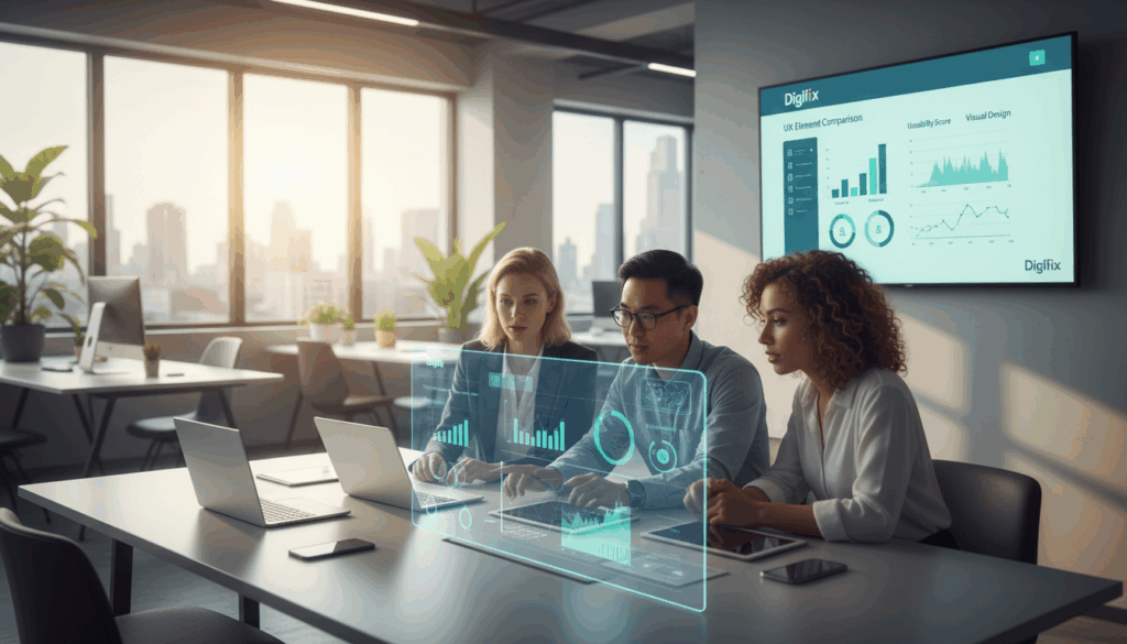 A Visually Engaging Scene Illustrating &Quot;Ux Benchmarking&Quot; In A Modern Office Environment. In The Foreground, A Diverse Group Of Three Professionals, A Caucasian Woman, An Asian Man, And A Hispanic Woman, Are Gathered Around A Sleek, Contemporary Table Filled With Laptops And Digital Devices, Analyzing User Experience Metrics Displayed On A Large Screen. The Middle Ground Features A Clear Chart Comparing Various Ux Elements, Such As Usability And Design, While The Background Showcases A Bright, Open Office With Large Windows Letting In Natural Light, Fostering A Collaborative Atmosphere. Soft Blue And Green Tones Dominate The Palette, Evoking A Sense Of Calm And Focus. The Brand Name &Quot;Digifix&Quot; Subtly Integrated Into The Digital Displays, Suggesting Professionalism And Innovation.