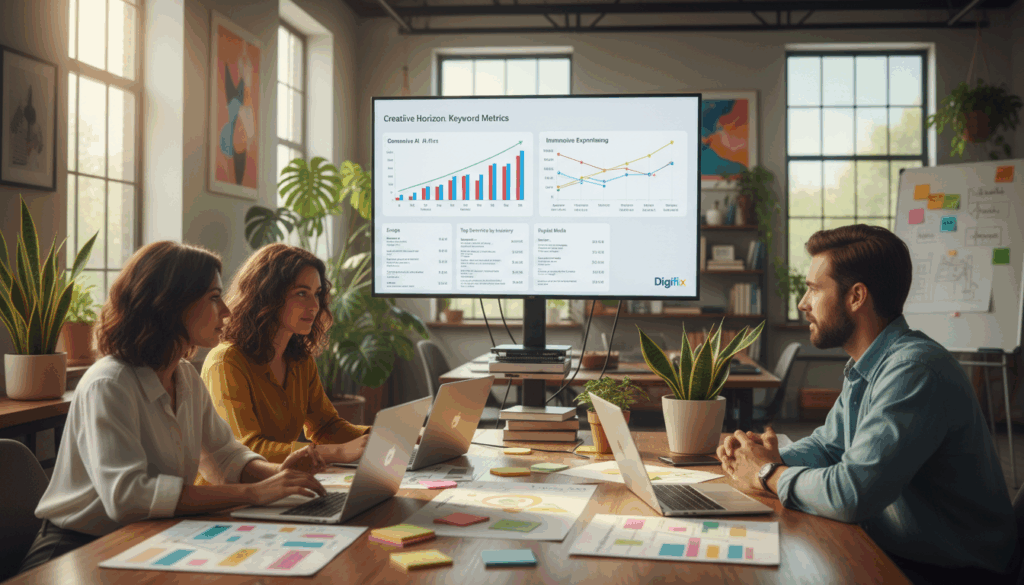 A Visually Engaging Workspace Scene Illustrating &Quot;Keyword Research For Creative Industries&Quot;. In The Foreground, Show A Diverse Group Of Three Professionals In Smart Casual Attire, Gathered Around A Sleek, Modern Table Covered With Laptops, Colorful Sticky Notes, And Keyword Charts. In The Middle, A Large Screen Displays An Analytical Dashboard Showcasing Keyword Metrics, Trends, And Graphs, With An Emphasis On Creativity-Related Industries Like Design, Photography, And Digital Media. The Background Features A Bright, Airy Office Filled With Creative Decor And Plants, Evoking An Innovative Atmosphere. Soft, Warm Lighting Enhances The Scene, Creating A Collaborative Mood. The Branding &Quot;Digifix&Quot; Is Subtly Integrated Through Branding Displays On The Laptops. The Composition Should Have A Dynamic, Engaging Angle, Inviting Viewers Into The Creative Process. A Visually Engaging Workspace Scene Illustrating &Quot;Keyword Research For Creative Industries&Quot;. In The Foreground, Show A Diverse Group Of Three Professionals In Smart Casual Attire, Gathered Around A Sleek, Modern Table Covered With Laptops, Colorful Sticky Notes, And Keyword Charts. In The Middle, A Large Screen Displays An Analytical Dashboard Showcasing Keyword Metrics, Trends, And Graphs, With An Emphasis On Creativity-Related Industries Like Design, Photography, And Digital Media. The Background Features A Bright, Airy Office Filled With Creative Decor And Plants, Evoking An Innovative Atmosphere. Soft, Warm Lighting Enhances The Scene, Creating A Collaborative Mood. The Branding &Quot;Digifix&Quot; Is Subtly Integrated Through Branding Displays On The Laptops. The Composition Should Have A Dynamic, Engaging Angle, Inviting Viewers Into The Creative Process.