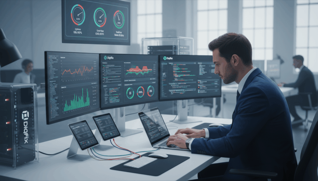 A Visually Striking Image Illustrating &Quot;Performance Optimisation&Quot; Through Website Maintenance. In The Foreground, A Professional Technician In Smart Business Attire Is Intently Analyzing Performance Graphs On A Sleek Laptop, Surrounded By Screens Displaying Data Metrics And Optimization Tools. In The Middle Ground, An Organized Workspace Highlights Tech Devices, Cable Management, And Performance Dashboards, Symbolizing Systematic Maintenance. The Background Depicts A Modern Office Environment With Soft, Diffused Lighting That Emphasizes Focus And Productivity, Using A Wide-Angle Lens For Depth. The Atmosphere Is Vibrant Yet Serious, Evoking A Sense Of Urgency And Importance In Maintaining Website Performance. The Brand Name &Quot;Digifix&Quot; Is Subtly Integrated Within The Design, Enhancing The Theme Of Reliability And Professionalism Without Being Overt.