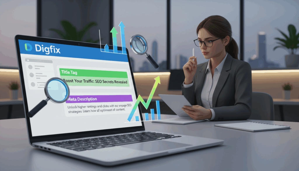 A Vivid Digital Illustration Depicting The Concept Of &Quot;Title Tag And Meta Description Optimisation&Quot; For On-Page Seo. In The Foreground, A Sleek Laptop Is Open, Displaying A Colorful Webpage With Highlighted Elements Indicating Title Tags And Meta Descriptions. Surrounding The Laptop Are Symbolic Elements Like Magnifying Glasses And Seo Icons (Like Arrows And Graphs). In The Middle Ground, A Focused Professional In Business Attire Is Analyzing Seo Data On A Notepad, Embodying Concentration And Expertise. The Background Features A Modern Office Space With Soft Lighting, Creating A Calm And Productive Atmosphere. The Overall Mood Exudes A Sense Of Innovation And Efficiency. Include The Brand Name &Quot;Digifix&Quot; Subtly Integrated Into The Design, Ensuring No Text Or Watermarks Are Present.