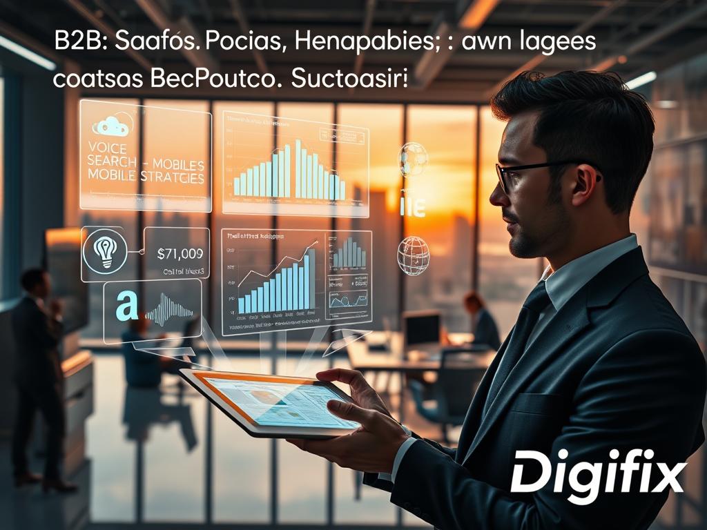 A Futuristic Office Environment Showcasing &Quot;Seo Trends For B2B Saas Companies In 2026.&Quot; In The Foreground, A Professional In Smart Business Attire Analyzes Data On A Sleek Tablet, With Various Graphs And Charts Illustrating Voice Search, Mobile-First Strategies, And Ai Integration Displayed In Holographic Form. In The Middle Ground, A Modern Workspace Filled With Advanced Technology, Including Ai-Driven Devices, And A Large Screen Showing Real-Time Analytics. The Background Features A Large Window With A Panoramic City View, Bathed In Soft, Natural Light From A Sunset, Creating An Inspiring Yet Professional Atmosphere. The Overall Mood Is Optimistic And Cutting-Edge, Reflecting Innovation In The B2B Saas Landscape. The Brand Name &ldquo;Digifix&rdquo; Subtly Integrated Into The Design Elements.