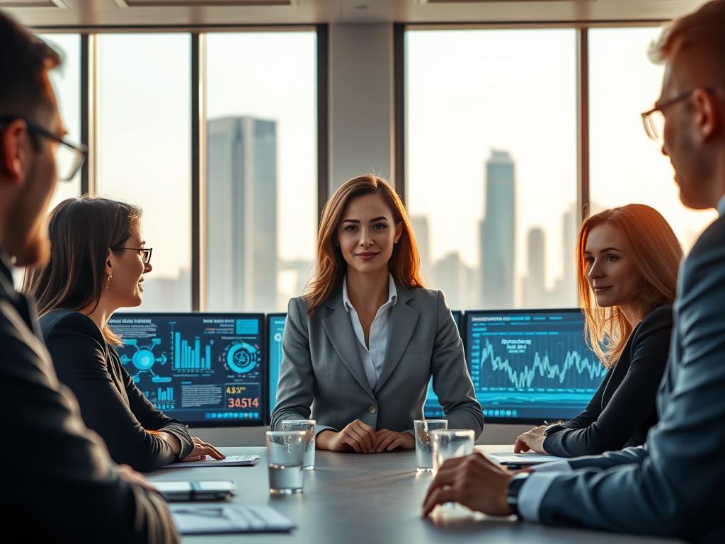 A Futuristic Office Space Represents The Challenges Of Ethical Ai Seo Optimization For 2026. In The Foreground, A Professional Woman In Business Attire Discusses Digital Strategies With A Diverse Group Of Colleagues, Highlighting Collaboration And Open Dialogue. The Middle Ground Features Computer Monitors Displaying Complex Data Analytics And Visual Representations Of Ai Algorithms Related To Seo. In The Background, Large Windows Reveal A City Skyline, Symbolizing The Dynamic Landscape Of Technology. Soft, Natural Lighting Filters In, Creating A Bright And Optimistic Atmosphere. The Overall Mood Is One Of Innovation And Professionalism, Embodying The Essence Of Digifix&rsquo;s Approach To Ai And Seo. The Camera Angle Captures The Table Setting, Framing The Group In An Engaging And Productive Scene.