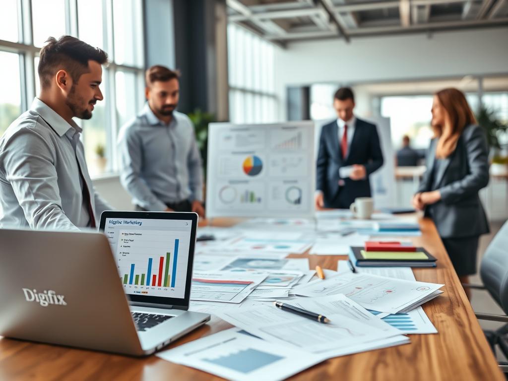 A Modern Office Setting Featuring Diverse Professionals In Business Attire Collaborating Around A Large Table Filled With Digital Marketing Materials. In The Foreground, A Laptop Displays Graphs And Charts Representing Seo And Ppc Performance Metrics. In The Middle Ground, A Cutting-Edge Whiteboard Showcases A Flowchart Illustrating The Integration Of Seo And Ppc Strategies For Lead Generation. The Background Reveals A Bright And Open Workspace With Large Windows, Allowing Natural Light To Flood The Space And Create A Warm Atmosphere. The Scene Is Balanced And Focused, With A Depth Of Field That Subtly Blurs The Background, Emphasizing The Teamwork And Strategy. The Brand &Quot;Digifix&Quot; Is Integrated Into The Digital Marketing Materials On The Table, Showcasing Its Identity Within The Professional Context. A Modern Office Setting Featuring Diverse Professionals In Business Attire Collaborating Around A Large Table Filled With Digital Marketing Materials. In The Foreground, A Laptop Displays Graphs And Charts Representing Seo And Ppc Performance Metrics. In The Middle Ground, A Cutting-Edge Whiteboard Showcases A Flowchart Illustrating The Integration Of Seo And Ppc Strategies For Lead Generation. The Background Reveals A Bright And Open Workspace With Large Windows, Allowing Natural Light To Flood The Space And Create A Warm Atmosphere. The Scene Is Balanced And Focused, With A Depth Of Field That Subtly Blurs The Background, Emphasizing The Teamwork And Strategy. The Brand &Quot;Digifix&Quot; Is Integrated Into The Digital Marketing Materials On The Table, Showcasing Its Identity Within The Professional Context.