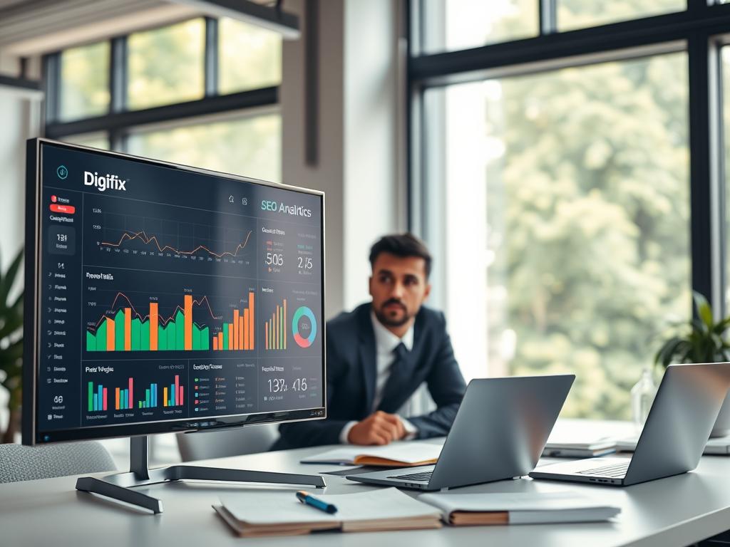 A Sleek, Modern Seo Analytics Dashboard Displayed On A High-Resolution Monitor In A Contemporary Office Environment. The Foreground Features Colorful Graphs And Charts, Showcasing Website Traffic, Keyword Performance, And Lead Generation Metrics, With The Brand Name &Quot;Digifix&Quot; Prominently Displayed. In The Middle Ground, A Professional Business Person Wearing Smart Attire Is Analyzing The Dashboard, Strategically Seated At A Minimalist Desk Cluttered With Notebooks And A Laptop. In The Background, Large Windows Let In Natural Light, Creating An Inviting Atmosphere, With Blurred Greenery Outside. The Overall Mood Is Focused And Productive, Emphasizing The Significance Of Data-Driven Insights For B2B Lead Generation. Capture The Scene From A Slightly Elevated Angle To Highlight Both The Dashboard And The Individual’s Expressions Of Concentration. A Sleek, Modern Seo Analytics Dashboard Displayed On A High-Resolution Monitor In A Contemporary Office Environment. The Foreground Features Colorful Graphs And Charts, Showcasing Website Traffic, Keyword Performance, And Lead Generation Metrics, With The Brand Name &Quot;Digifix&Quot; Prominently Displayed. In The Middle Ground, A Professional Business Person Wearing Smart Attire Is Analyzing The Dashboard, Strategically Seated At A Minimalist Desk Cluttered With Notebooks And A Laptop. In The Background, Large Windows Let In Natural Light, Creating An Inviting Atmosphere, With Blurred Greenery Outside. The Overall Mood Is Focused And Productive, Emphasizing The Significance Of Data-Driven Insights For B2B Lead Generation. Capture The Scene From A Slightly Elevated Angle To Highlight Both The Dashboard And The Individual’s Expressions Of Concentration.
