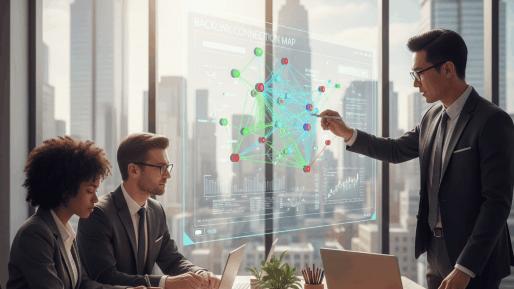 A Sleek Office Environment With A Large Glass Window Revealing A Vibrant Cityscape In The Background. In The Foreground, A Diverse Team Of Three Professionals In Smart Business Attire Collaborates Over A Large Digital Screen Displaying Graphs And Backlinks Related To Ecommerce Seo Strategies. 