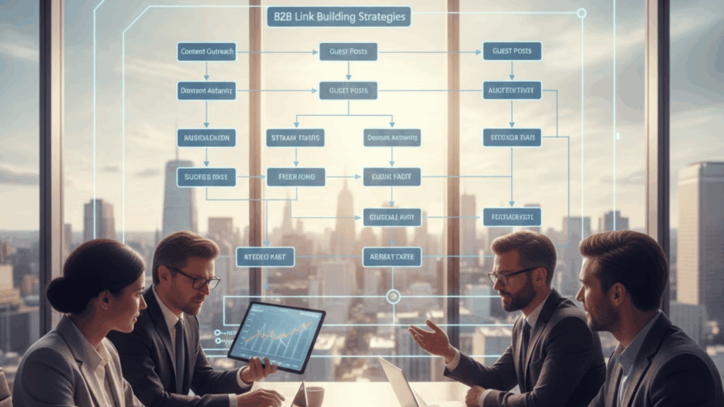 A Dynamic Business Scene Focused On B2B Lead Generation Through Strategic Link Building. In The Foreground, A Diverse Group Of Professionals In Smart Business Attire Are Gathered Around A Conference Table, Analyzing Graphs And Charts On Digital Devices. The Middle Ground Features A Large Screen Displaying A Flowchart Of Backlinks And Seo Strategies. In The Background, A Modern Office Environment With Large Windows Showcasing A City Skyline, Letting In Natural Light And Creating A Vibrant Atmosphere. Use A Wide-Angle Lens To Capture The Collaborative Energy, With Bright Yet Warm Lighting To Evoke A Sense Of Innovation And Teamwork. Incorporate Subtle Branding Elements Of &Quot;Digifix&Quot; In The Presentation Materials, Ensuring A Professional Look Throughout The Scene. Building Links To Boost Seo