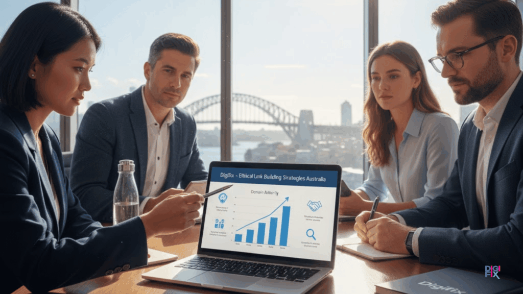 A Professional Team Of Diverse Individuals Is Gathered Around A Sleek Conference Table, Reviewing A Digital Presentation On A Laptop About Ethical Link Building Strategies In Australia. In The Foreground, A Confident Woman In Business Attire Points At A Chart Showing An Increase In Domain Authority, While A Man In A Smart Blazer Takes Notes. The Middle Section Features Charts And Infographics On The Laptop Screen That Clearly Illustrate Various Link Building Techniques. In The Background, A Large Window Reveals A Sunny Australian Skyline, With Iconic Landmarks Subtly Visible. The Atmosphere Is Focused And Collaborative, Emphasizing Integrity And Professionalism In Digital Marketing. Soft, Natural Lighting Brightens The Scene, Creating An Inviting Ambiance. The Brand Name &Quot;Digifix&Quot; Is Subtly Integrated Into The Design Of Materials On The Table. Choosing The Right Link Building Service