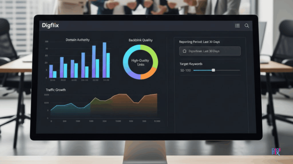 A Modern Reporting Dashboard Showcasing Link Building Services In Australia, Focusing On Key Metrics. In The Foreground, Display A Sleek, User-Friendly Interface With Colorful Graphs, Charts, And Visuals Indicating Metrics Like Domain Authority, Backlink Quality, And Traffic Growth. The Middle Section Features Interactive Elements Such As Dropdown Menus And Sliders, All Designed With A Clean Aesthetic. In The Background, Softly Blurred Office Imagery Of Professionals In Business Attire Engaged In Digital Marketing Discussions, Exuding A Collaborative Atmosphere. The Overall Lighting Is Bright And Inviting, With A Professional Yet Approachable Mood, Reminiscent Of A Tech-Savvy Workspace. Include The Brand Name &Quot;Digifix&Quot; Subtly Integrated Into The Dashboard's Design. Measuring The Success Of Link Building