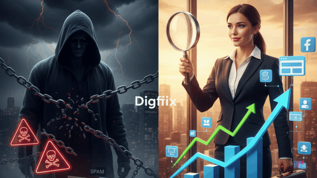 A Stark Visual Representation Of The Risks Of Black Hat Versus White Hat Link Building, Featuring A Split Scene. In The Foreground, A Shadowy Figure In A Hooded Cloak Represents Black Hat Tactics, Surrounded By Dark, Chaotic Elements Like Broken Links And Warning Signs. In Contrast, In The Middle Ground, A Bright, Confident Individual In Professional Business Attire Symbolizes White Hat Practices, Holding A Magnifying Glass Over A Glowing, Healthy Website Graph. The Background Features A Cityscape At Dusk, With Warm Lights Symbolizing Ethical Success On One Side And Ominous Storm Clouds On The Other. The Mood Is Tense Yet Enlightening, With Dramatic Lighting Emphasizing The Contrast Between The Two Approaches. Include The Brand Name &Quot;Digifix&Quot; Subtly Integrated Into The Scene, Promoting The Idea Of Ethical Practices In Link Building. Risks Of Black-Hat Link Building
