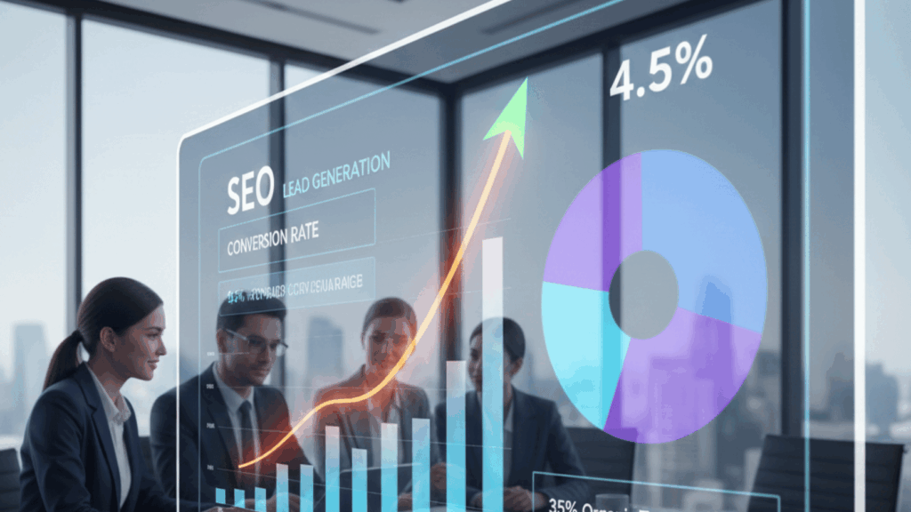A Sleek, Modern Digital Dashboard Displaying Seo Lead Generation Metrics. In The Foreground, A Vibrant Screen Showcases Key Performance Indicators Like Traffic Sources, Conversion Rates, And User Engagement Statistics, Adorned With Colorful Graphs And Charts. In The Middle, A Diverse Group Of Professionals Dressed In Business Attire, Deeply Focused On Analyzing The Data, With One Pointing At A Graph Showing Rising Conversion Rates, Symbolizing Growth And Success. In The Background, A Contemporary Office Environment With Subtle Lighting Enhances The Tech-Savvy Atmosphere. The Mood Is Professional And Optimistic, Reflecting The Theme Of Effective Seo Strategies. The Brand Name &Quot;Digifix&Quot; Is Subtly Integrated Into The Design Of The Dashboard, Emphasizing A Trusted Identity In Digital Marketing. Seo Success For Lead Generation