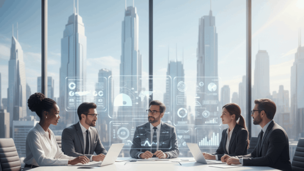 A Futuristic Office Space Filled With Professionals Engaged In A Collaborative Brainstorming Session About Seo And Voice Search Trends For B2B Lead Generation. In The Foreground, A Diverse Group Of Well-Dressed Individuals, Including A Black Woman And A Hispanic Man, Analyze Data On Sleek Digital Devices. The Middle Ground Showcases Advanced Holographic Displays Illustrating Charts And Voice Search Analytics, While A Large Window In The Background Reveals A Vibrant City Skyline Under A Clear Blue Sky, Symbolizing Growth And Innovation. Soft, Ambient Lighting Creates An Inspiring Atmosphere, With The Name &Quot;Digifix&Quot; Subtly Integrated Into The Design Of The Holographic Displays. Utilize A Wide-Angle Perspective To Convey Depth And Modernity, Focusing On A Harmonious Blend Of Technology And Teamwork. Seo Evolution