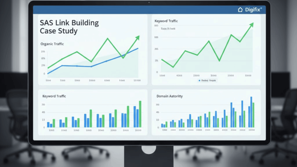 A Sleek, Modern Dashboard Screen Displaying The Results Of A Saas Link Building Software Case Study. In The Foreground, Various Line Graphs And Bar Charts Highlight Successful Seo Metrics Such As Organic Traffic Growth, Keyword Rankings, And Backlink Acquisition. 
