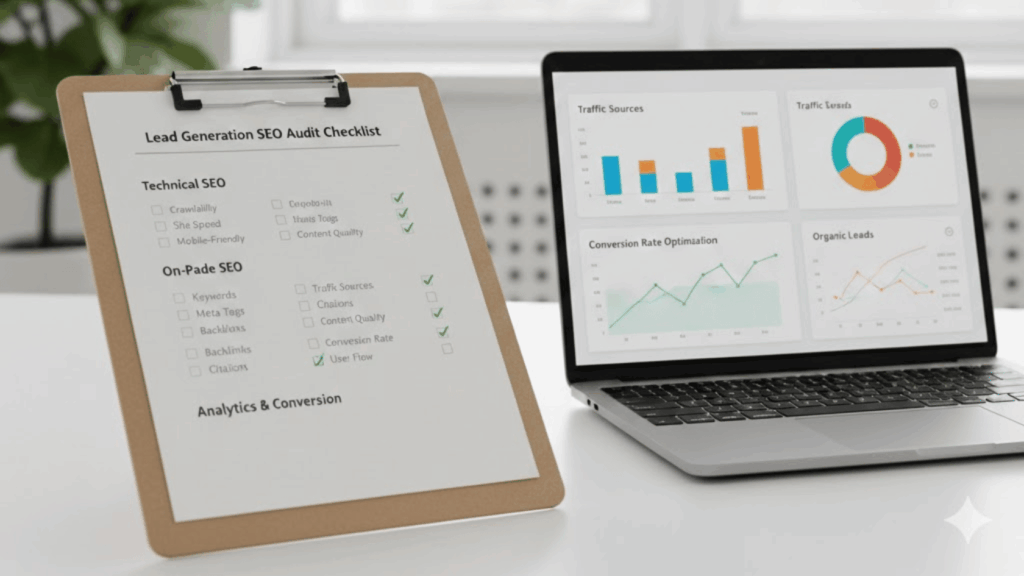 A Professional Workspace Displaying A Detailed Seo Audit Checklist For Lead Generation. In The Foreground, A Clipboard With A Neatly Arranged Document Titled &Quot;Lead Generation Seo Audit Checklist&Quot; Adorned With Various Seo Metrics Boxes And Checkmarks. In The Middle, An Open Laptop Screen Showcasing A Dashboard Of Seo Analytics, With Colorful Graphs And Data Visualizations. In The Background, A Bright And Modern Office Environment Fills The Space, Featuring A Large Window That Allows Natural Light To Pour In, Illuminating The Scene. A Potted Plant Adds A Touch Of Greenery. The Overall Mood Is Focused And Productive, Emphasizing The Importance Of Seo Audits In Converting Traffic Into Revenue. The Brand Name &Quot;Digifix&Quot; Subtly Placed On The Checklist As A Logo. The Importance Of Seo Audits
