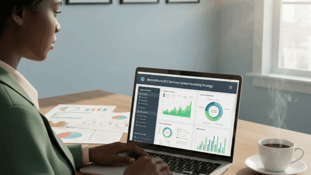 A Digital Workspace Featuring A Sophisticated Visual Representation Of &Quot;Woocommerce Seo Services Content Marketing Strategy.&Quot; In The Foreground, A Professional Businessperson In Smart Casual Attire Examines A Laptop Displaying A Colorful Dashboard With Seo Analytics And Content Plans. 