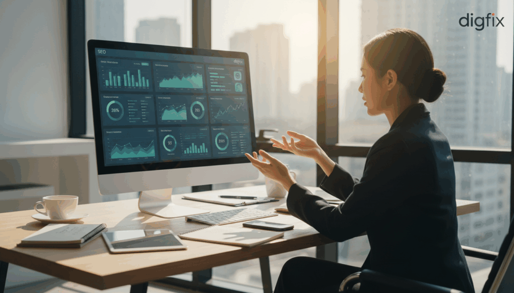 A Modern And Sleek Workspace Featuring Built-In Seo Tools And Analytics On A Computer Screen, With Graphs And Data Visualizations Prominently Displayed. In The Foreground, A Professional-Looking Individual In Business Attire Interacts With The Screen, Analyzing Website Performance Metrics. The Middle Ground Showcases A Stylish Office Desk Cluttered With Digital Devices, Notepads, And A Cup Of Coffee, Creating A Dynamic Work Environment. In The Background, Large Windows Let In Bright, Natural Light, Illuminating The Space And Adding A Vibrant Atmosphere. The Overall Mood Is Focused And Productive, Emphasizing The Importance Of Digital Marketing For Small Businesses. The Brand Name &Quot;Digifix&Quot; Should Be Subtly Integrated Into The Screen Interface, Giving It A Polished Appearance. A Modern And Sleek Workspace Featuring Built-In Seo Tools And Analytics On A Computer Screen, With Graphs And Data Visualizations Prominently Displayed. In The Foreground, A Professional-Looking Individual In Business Attire Interacts With The Screen, Analyzing Website Performance Metrics. The Middle Ground Showcases A Stylish Office Desk Cluttered With Digital Devices, Notepads, And A Cup Of Coffee, Creating A Dynamic Work Environment. In The Background, Large Windows Let In Bright, Natural Light, Illuminating The Space And Adding A Vibrant Atmosphere. The Overall Mood Is Focused And Productive, Emphasizing The Importance Of Digital Marketing For Small Businesses. The Brand Name &Quot;Digifix&Quot; Should Be Subtly Integrated Into The Screen Interface, Giving It A Polished Appearance.