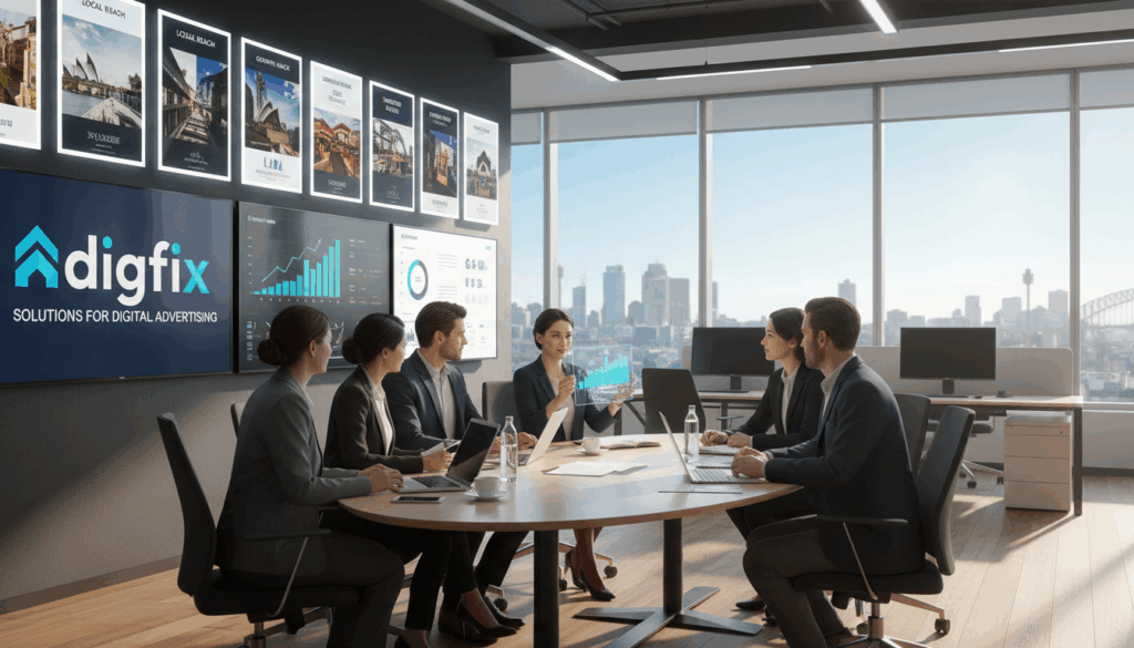 A Modern Office Environment In Australia, With A Focus On Mid-Sized Businesses Thriving Through Tailored Online Advertising Solutions. In The Foreground, A Group Of Diverse Professionals Dressed In Smart Business Attire, Discussing Strategies Around A Sleek Conference Table. One Individual Prominently Features A Digital Tablet Displaying Analytics Graphs, Symbolizing Data-Driven Approaches. The Middle Ground Showcases Posters And Digital Screens Displaying Successful Ad Campaigns And Analytic Data Relevant To Australian Markets. In The Background, Large Windows Reveal A Sunny Urban Landscape Typical Of An Australian City, Enhancing A Vibrant And Optimistic Atmosphere. Soft, Natural Lighting Illuminates The Scene, Creating A Warm And Inviting Mood. The Image Subtly Integrates The Brand Name &Quot;Digifix&Quot; Into The Environment, Reflecting Innovation And Success In Digital Advertising Solutions.