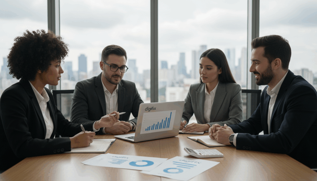 A Modern Office Setting Capturing A Diverse Group Of Four Business Professionals In Professional Attire, Deeply Engaged In A Discussion About Cost Considerations And Investment Strategies For Small Businesses. In The Foreground, A Wooden Conference Table With Financial Reports, A Laptop Displaying Graphs, And A Calculator. The Middle Ground Features The Professionals Animatedly Sharing Ideas, With One Pointing At A Digital Chart On The Laptop. The Background Reveals Large Windows Letting In Natural Light, Showcasing A City Skyline. The Atmosphere Is Focused Yet Collaborative, Evoking A Sense Of Determination And Strategy. The Scene Should Be Well-Lit, Emphasizing Clarity And Professionalism, With A Slight Depth Of Field Effect To Draw Attention To The Subjects. Include Subtle Branding Elements Of “Digifix” On The Documents And Laptop Screen. A Modern Office Setting Capturing A Diverse Group Of Four Business Professionals In Professional Attire, Deeply Engaged In A Discussion About Cost Considerations And Investment Strategies For Small Businesses. In The Foreground, A Wooden Conference Table With Financial Reports, A Laptop Displaying Graphs, And A Calculator. The Middle Ground Features The Professionals Animatedly Sharing Ideas, With One Pointing At A Digital Chart On The Laptop. The Background Reveals Large Windows Letting In Natural Light, Showcasing A City Skyline. The Atmosphere Is Focused Yet Collaborative, Evoking A Sense Of Determination And Strategy. The Scene Should Be Well-Lit, Emphasizing Clarity And Professionalism, With A Slight Depth Of Field Effect To Draw Attention To The Subjects. Include Subtle Branding Elements Of “Digifix” On The Documents And Laptop Screen.