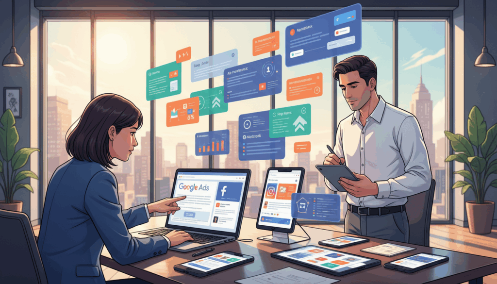 A Visually Engaging Illustration Of A Multi-Platform Advertising Strategy, Featuring Diverse Digital Devices Such As Smartphones, Tablets, And Laptops Displaying Various Advertising Platforms Like Google Ads, Facebook, And Instagram. In The Foreground, Two Professionals Dressed In Smart Business Attire, One Pointing At A Laptop Screen And The Other Taking Notes, Convey Collaboration. The Middle-Ground Showcases Colorful Banners And Charts Representing Online Metrics, Ad Performance, And Audience Engagement. The Background Is A Modern Office Environment, With Large Windows Letting In Natural Light, Casting A Bright, Optimistic Atmosphere. The Overall Mood Is Dynamic And Innovative, Symbolizing The Fast-Paced World Of Digital Marketing. Incorporate Branding Elements Of &Quot;Digifix&Quot; Subtly Within The Ad Displays. Lens Angle Should Be Slightly Angled From Above To Give A Comprehensive View Of The Scene.